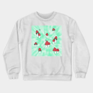 Aesthetic Red Hatted Mushrooms and Butterflies on a Green Tie Dye Background Crewneck Sweatshirt